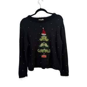 Longaberger Vintage Black Christmas Sweater Embroidered Tree Heels Womens Large